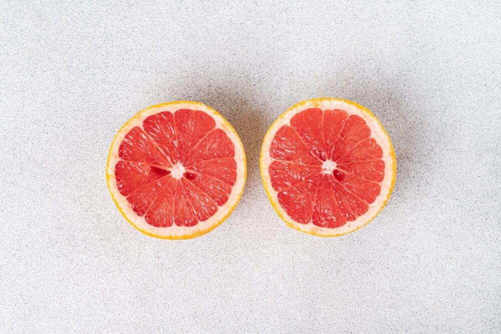 Halved grapefruit.