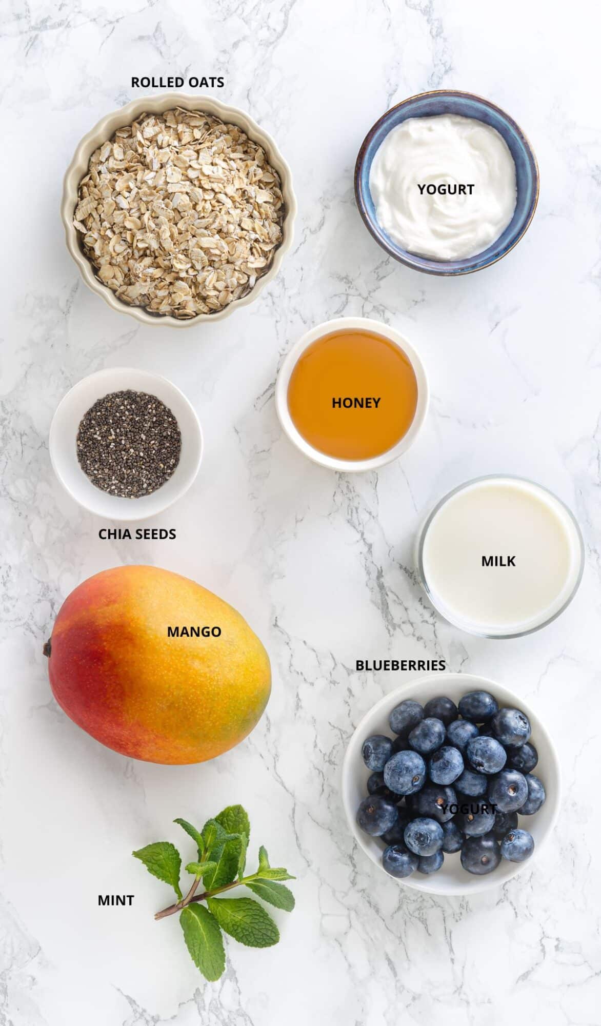 Mango overnight oats ingredients with labels.