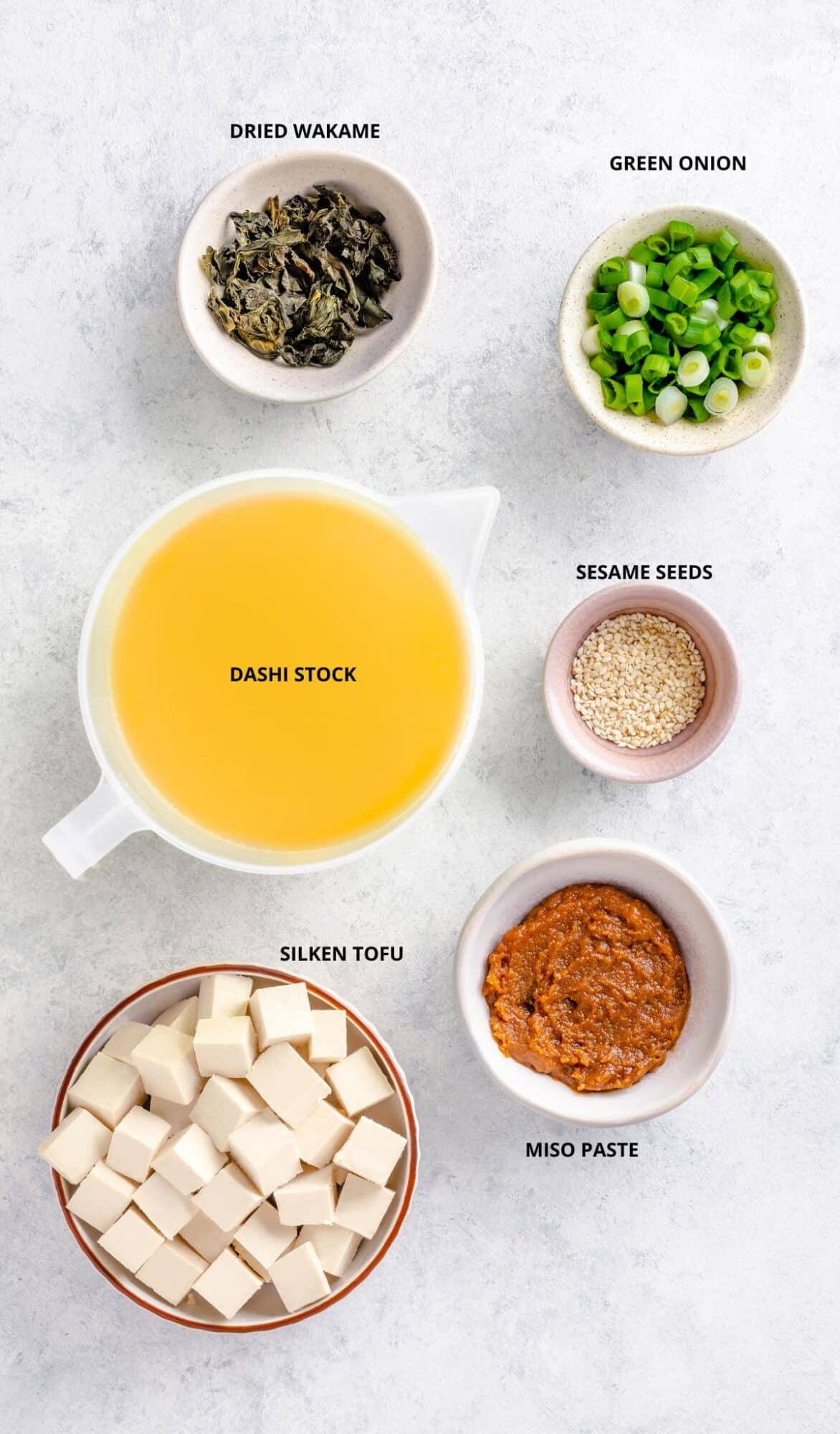 How To Make Miso Soup At Home Miso Soup ingredients laid out with labels.