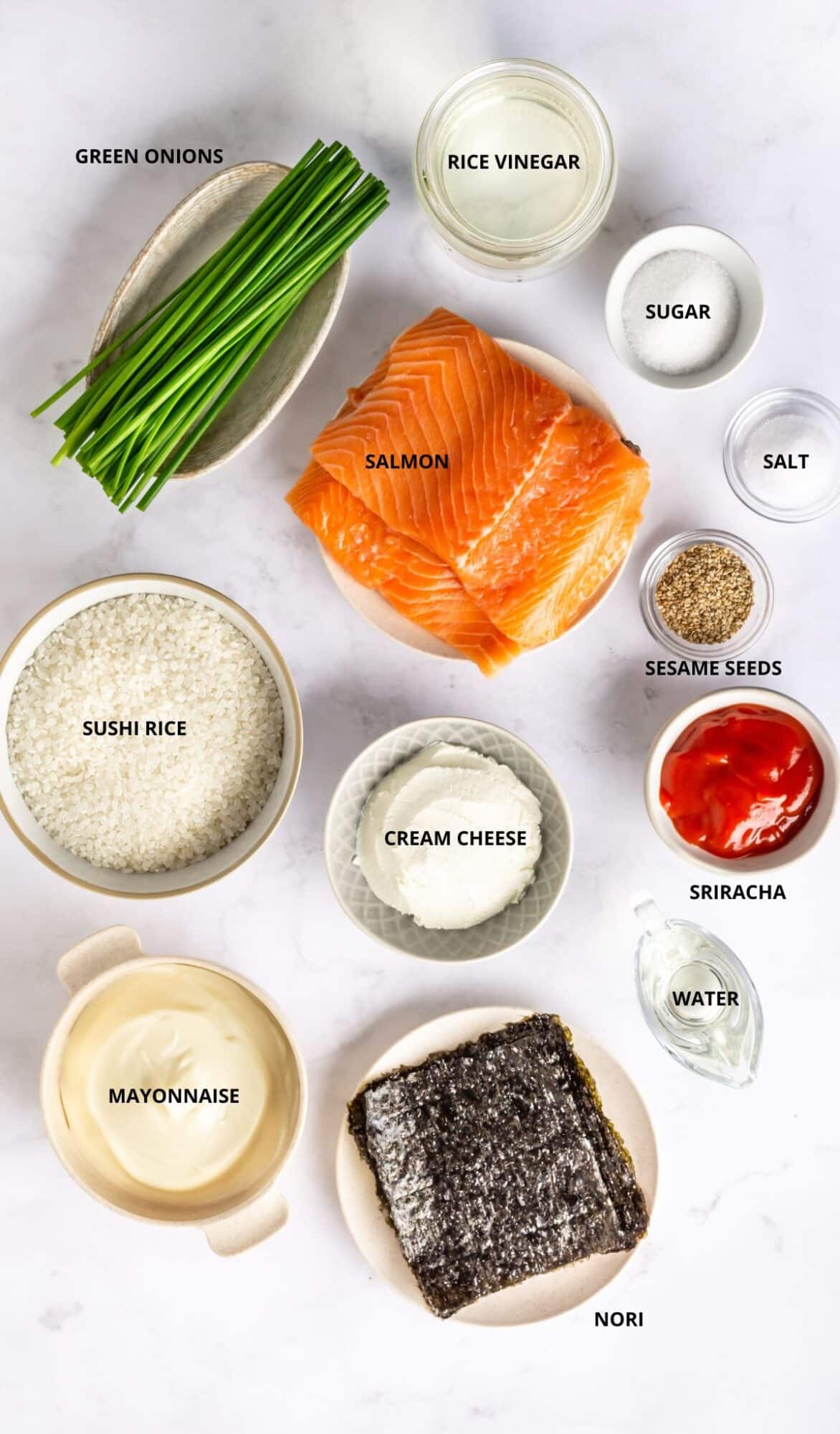 Salmon Sushi Bake with Spicy Mayo Salmon sushi bake ingredients with labels.