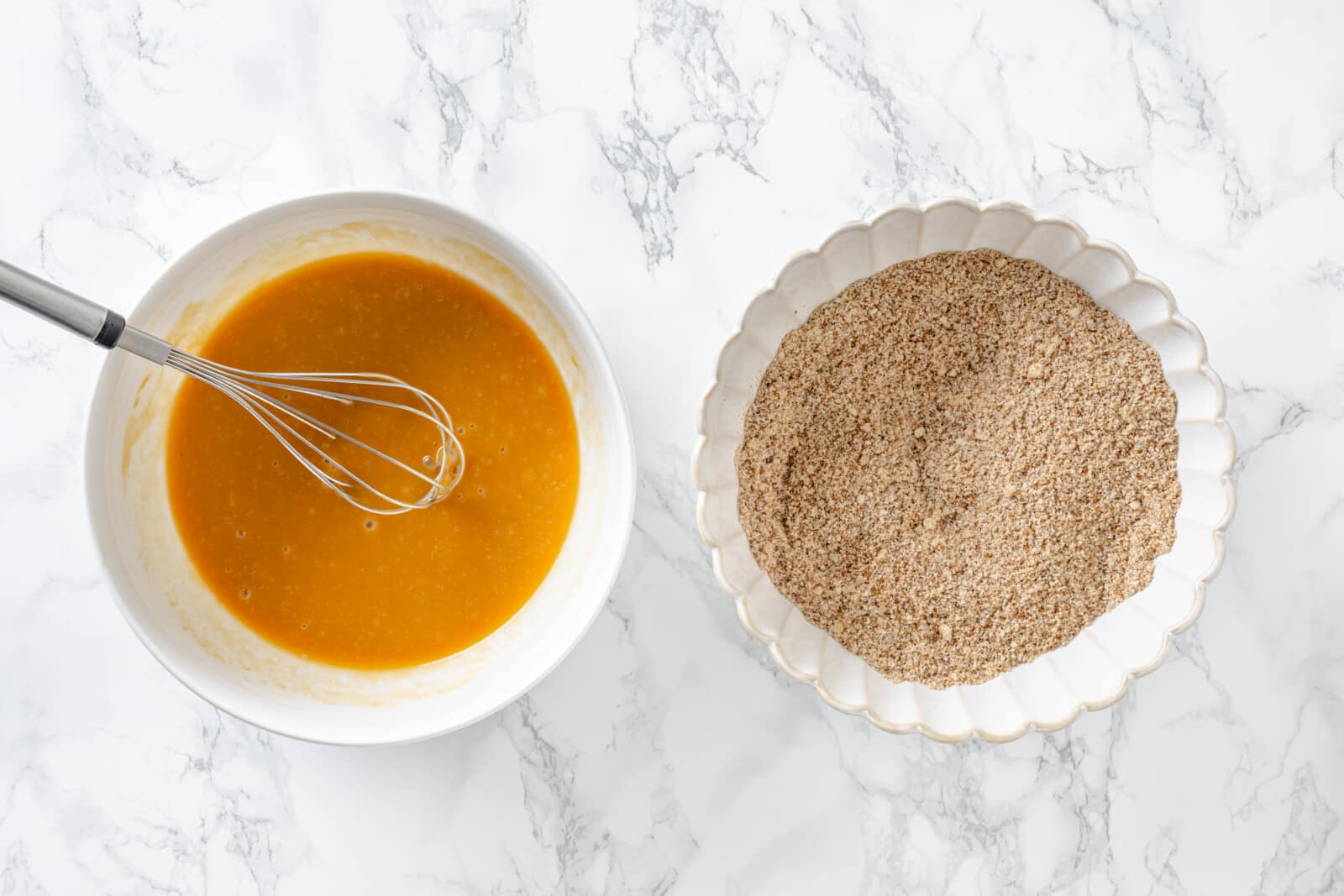 Wet ingredients in one bowl and dry ingredients in another bowl.